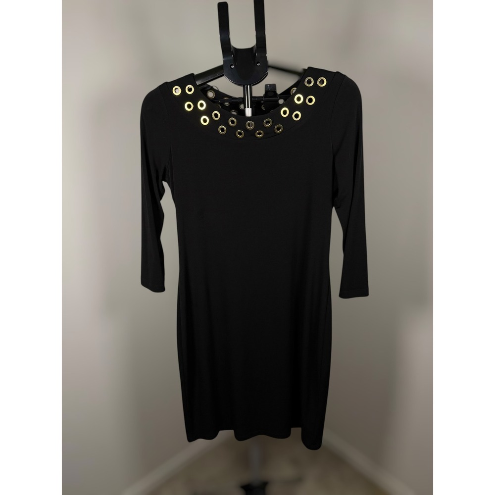 Calvin Klein Womens Black Gold Grommet Neck 3/4 Sleeve Sheath Dress Size 8